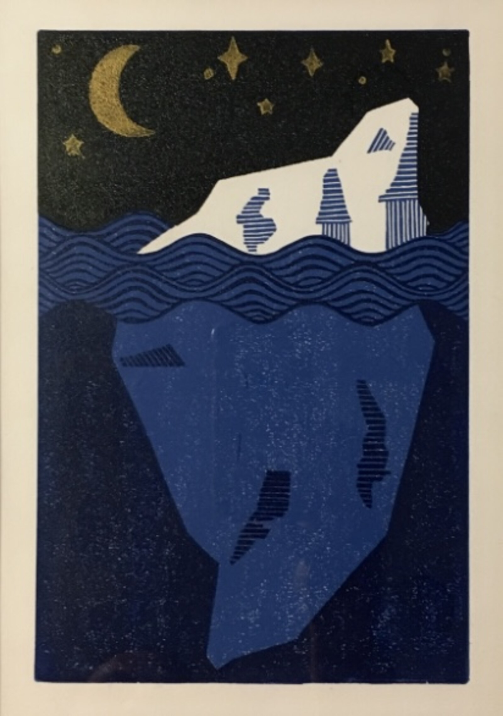 Iceberg — linocut print of an iceberg under a starry night sky